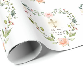 Papel De Regalo Acuarela Flores rosas Oro Cruzado Bautismo Chica