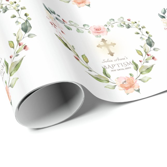 Papel De Regalo Acuarela Flores rosas Oro Cruzado Bautismo Chica (Esquina del rollo)