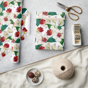 Papel De Regalo Acuarela Flores Tropicales Rojas Y Blancas De Vera