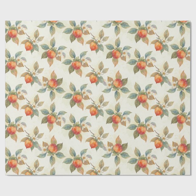 Papel De Regalo Acuarela Fruta y Flores de Caqui  (Superficie plana)