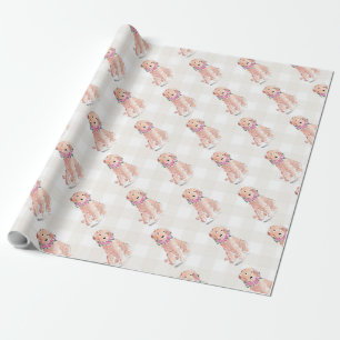 Papel De Regalo Acuarela Golden Doodle Flowers Gingham Sweet