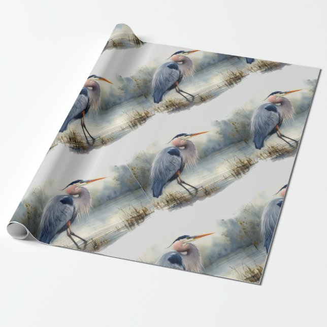 Papel De Regalo Acuarela Gran Azul Heron Naturaleza de vida silves (Desenrollado)