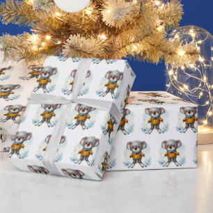 Papel De Regalo Acuarela Koala Osa Esquiar En Nieve