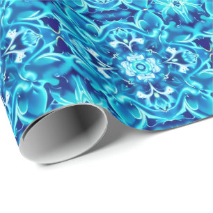 Papel De Regalo Acuarela Mandala Flor en tonos azul índigo