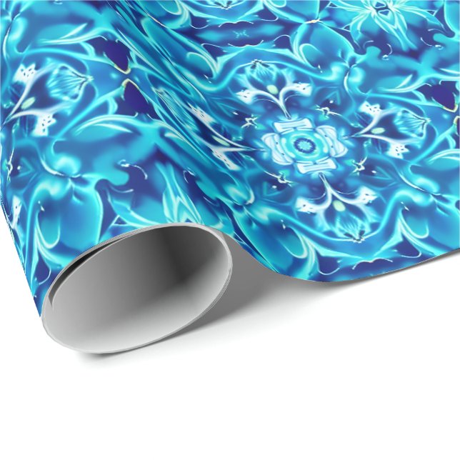 Papel De Regalo Acuarela Mandala Flor en tonos azul índigo (Esquina del rollo)