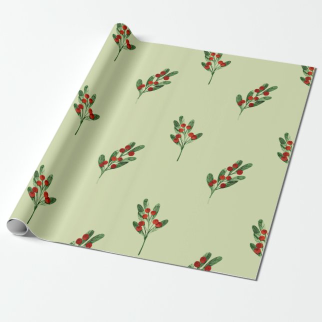 Papel De Regalo Acuarela Mistletocon Navidades de las Berries Roja (Desenrollado)
