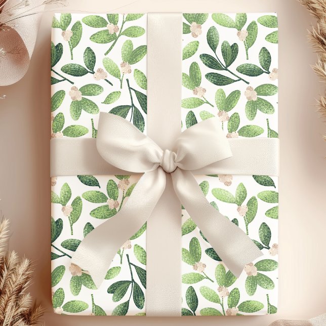 Papel De Regalo Acuarela Mistletoe Elegante Fiesta Floral Verde (Subido por el creador)