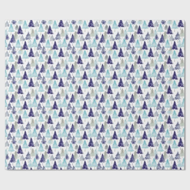 Papel De Regalo Acuarela moderna Árboles navideños patentados azul (Superficie plana)