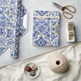 Papel De Regalo Acuarela moderna mediterránea  baldosas azules