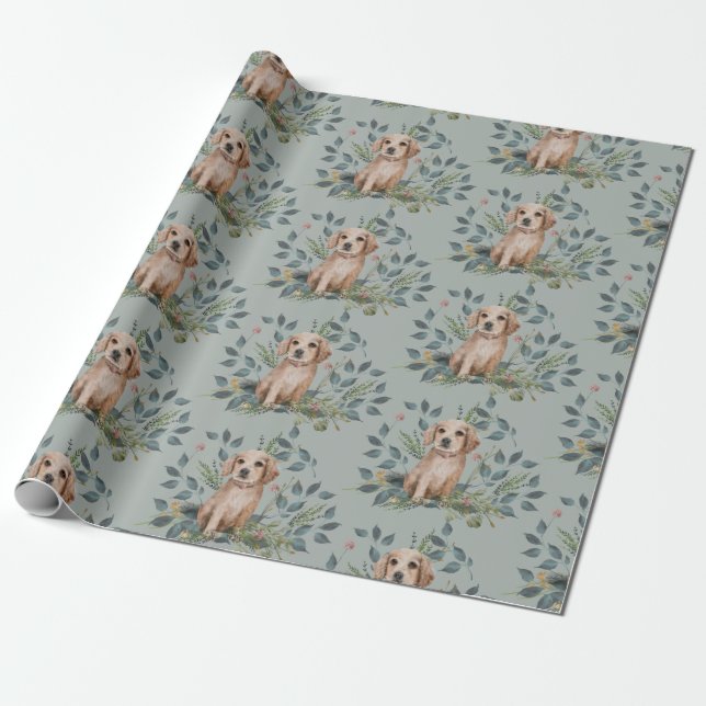 Papel De Regalo Acuarela moderna Perro Cachorro Floral Eucaliptus  (Desenrollado)