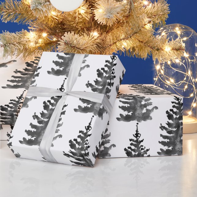 Papel De Regalo Acuarela Monocromo Árbol de Navidad Negro (Vacaciones)