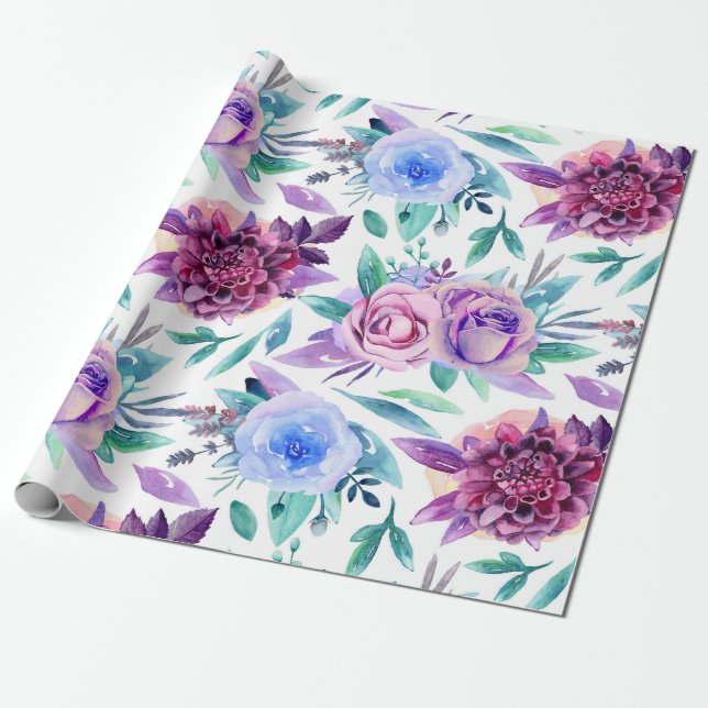 Papel De Regalo Acuarela morada floral. Patrón de flores de Boho (Desenrollado)