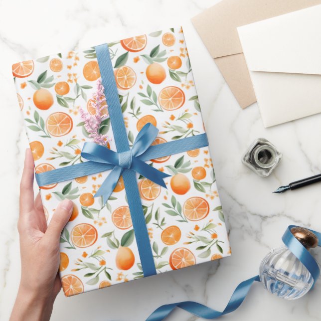 Papel De Regalo Acuarela Naranja y Hojas sobre Blanco (Regalar)