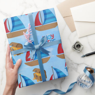 Papel De Regalo Acuarela Náutica Barco Tesoro de Pirata Azul