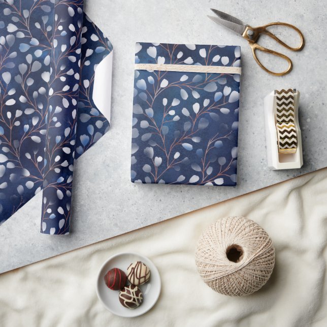 Papel De Regalo Acuarela Nieve gotas de agua de la marina/cobre ID (Artesanía)