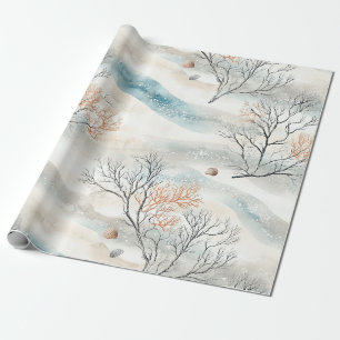 Papel De Regalo Acuarela Oleaje Costero de Coral y Conchas (1)