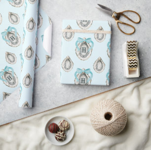Papel De Regalo Acuarela Ostras Costeras Monograma Bow Azul