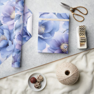 Papel De Regalo Acuarela Pastel Azul y Púrpura Peonia Floral