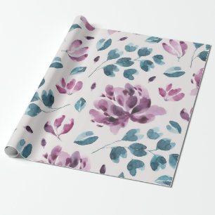 Papel De Regalo Acuarela Pastel Púrpura Peonía y Botánica Verde Te