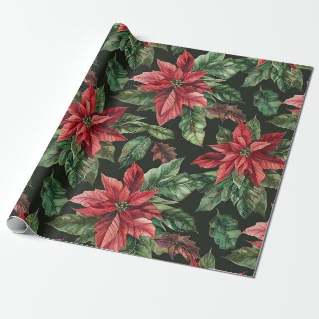 Papel De Regalo acuarela Patrón de flores de Poinsettia (Desenrollado)