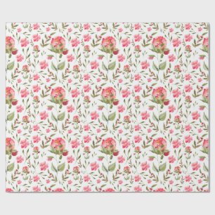 Papel De Regalo Acuarela Peony Floral - Rosa y Verde