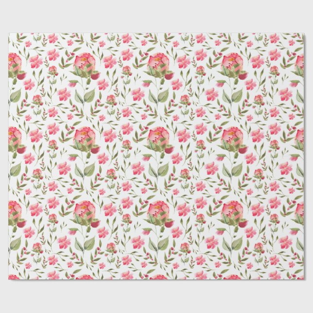 Papel De Regalo Acuarela Peony Floral - Rosa y Verde (Superficie plana)