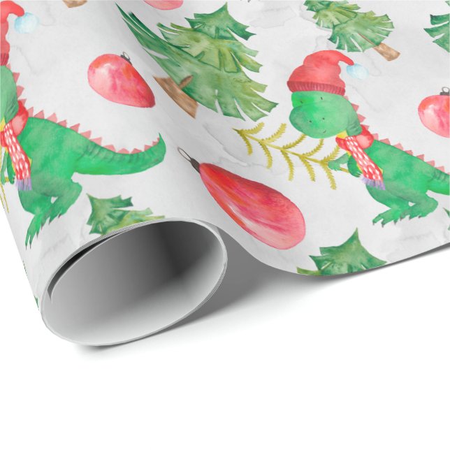 Papel De Regalo Acuarela Pequeño dinosaurio vestido para Navidades (Esquina del rollo)