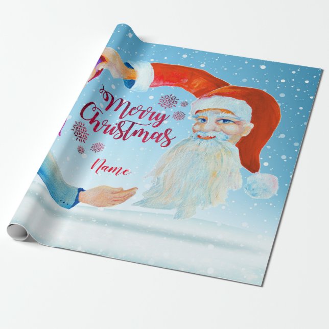 Papel De Regalo Acuarela pintada a mano Santa Claus mágico (Desenrollado)