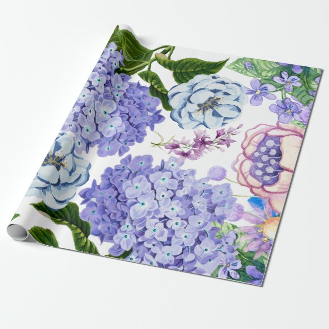 Papel De Regalo Acuarela Púrpura, Rosa, Flores Blue Garden (Desenrollado)