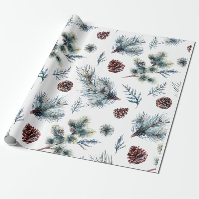 Papel De Regalo Acuarela Ramilletes de Piñas de Navidad (Desenrollado)