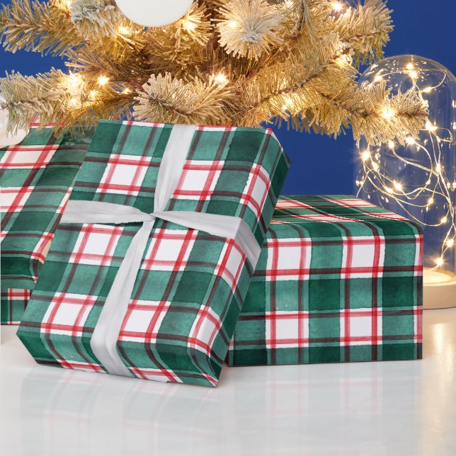 Papel De Regalo Acuarela Rojo Verde Plaid Navidad (Vacaciones)