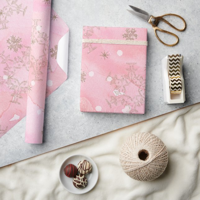 Papel De Regalo Acuarela rosa con copos de nieve purpurina dorado (Artesanía)