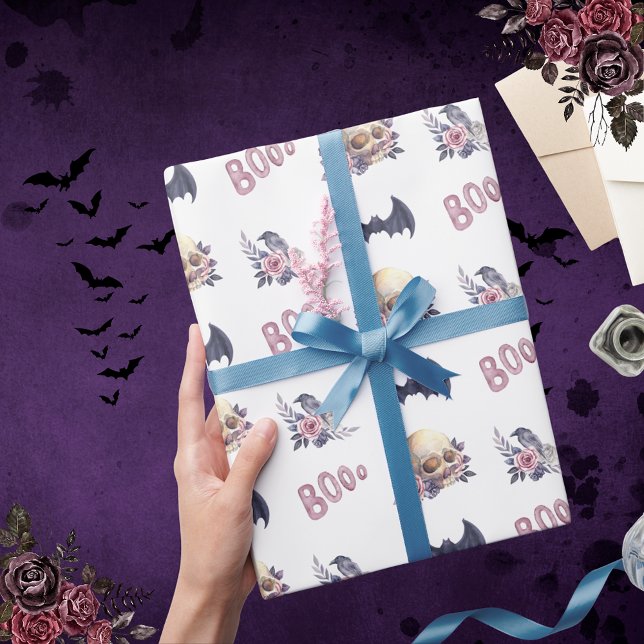 Papel De Regalo Acuarela Rosa de cráneo gótico Raven Bats Boo Rega (Subido por el creador)