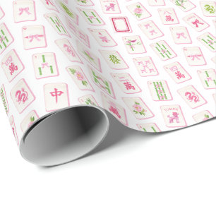 Papel De Regalo Acuarela Rosa y Verde Mahjong de lazo