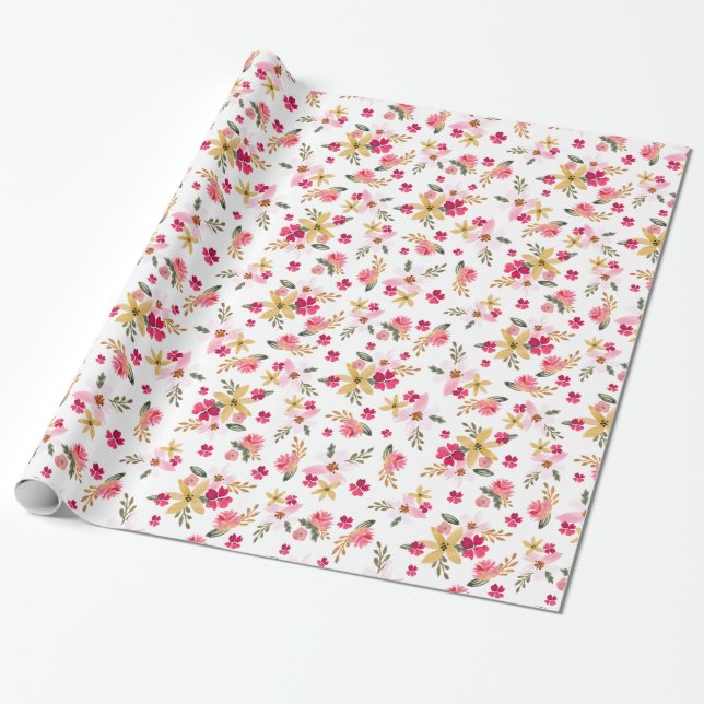 Papel De Regalo Acuarela rosada floral (Desenrollado)