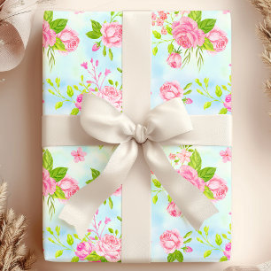 Papel De Regalo Acuarela Rosas Inglesas Floral en Azul