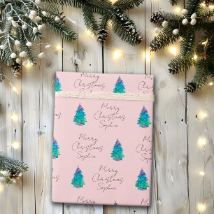 Papel De Regalo Acuarela Rubor Personalizado Pink Merry Christmas