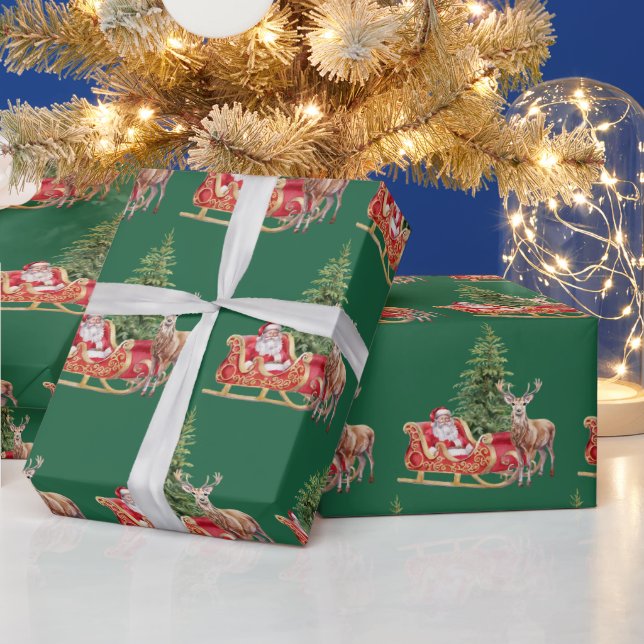 Papel De Regalo acuarela Santa Claus, Navidades verdes renos (Vacaciones)