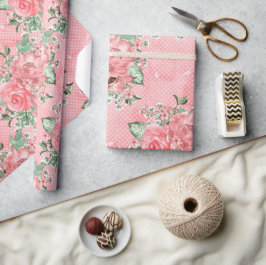 Papel De Regalo Acuarela shabby chic rosas rosadas y lunares