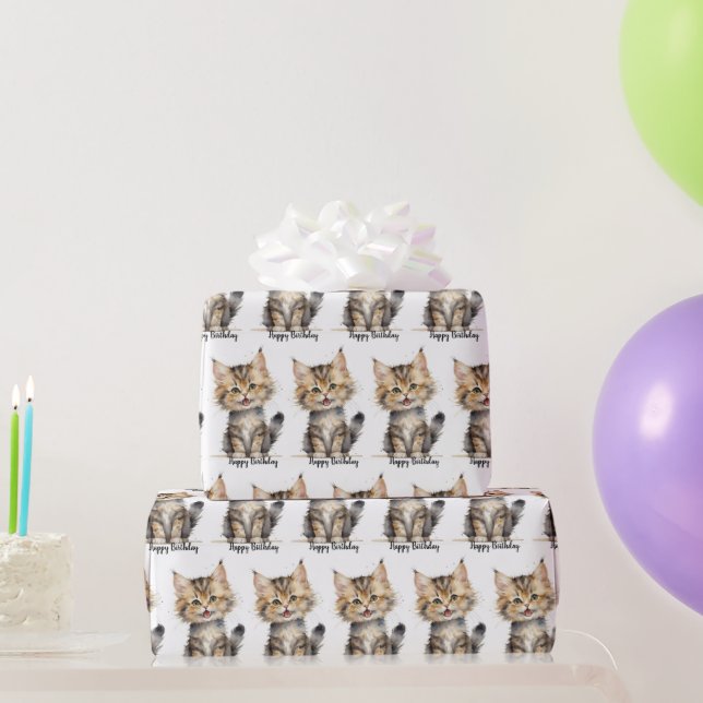 Papel De Regalo Acuarela Tabby Kitten para cumpleaños (Regalos de fiesta)