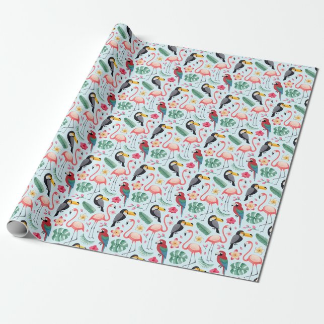 Papel De Regalo Acuarela Tropical: Fusión De Flor De Ave. (Desenrollado)