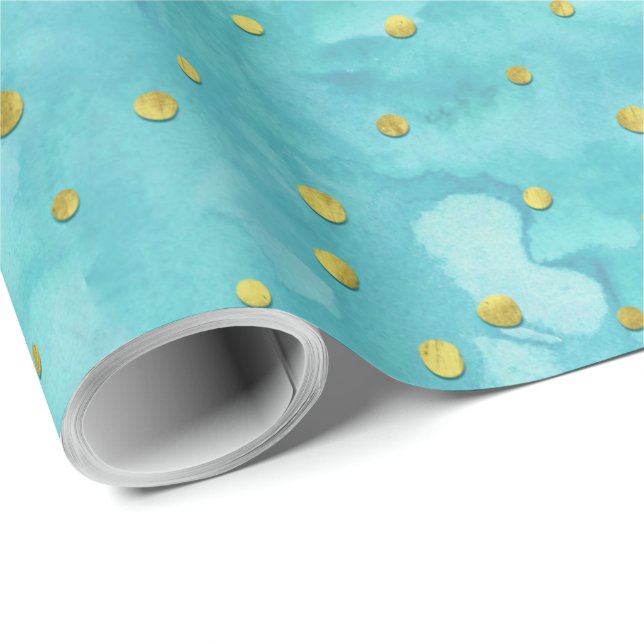 Papel De Regalo Acuarela Turquesa Faux Gold Polka Dots Gift (Esquina del rollo)