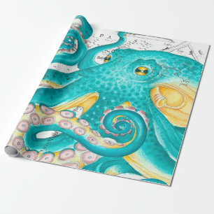Papel De Regalo Acuarela verde azulada Octopus Mapa Náutico
