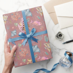 Papel De Regalo Acuarela Vida Oceánica Fresa Oscura Polvorienta