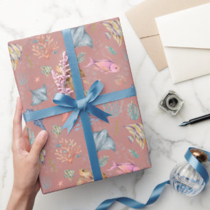 Papel De Regalo Acuarela Vida Oceánica Texturizada Durazno Polvori