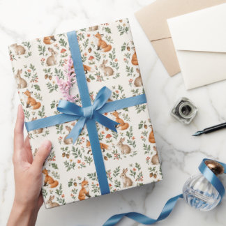 Papel De Regalo Acuarela Zorro Conejo Bosque Verde Salvia