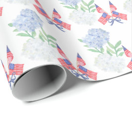 Papel De Regalo Acuarelas de Hortensias y Banderas Americanas del 