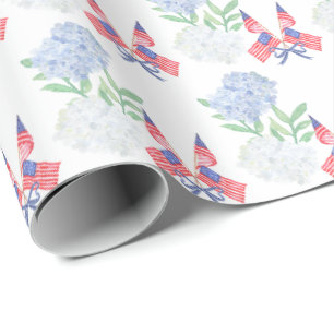 Papel De Regalo Acuarelas de Hortensias y Banderas Americanas del
