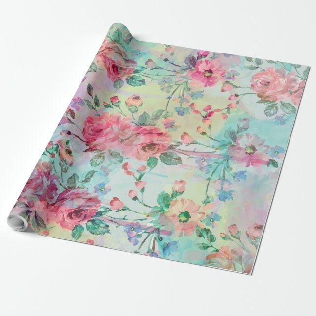 Papel De Regalo Acuarelas florales de la pintura de los rosas (Desenrollado)