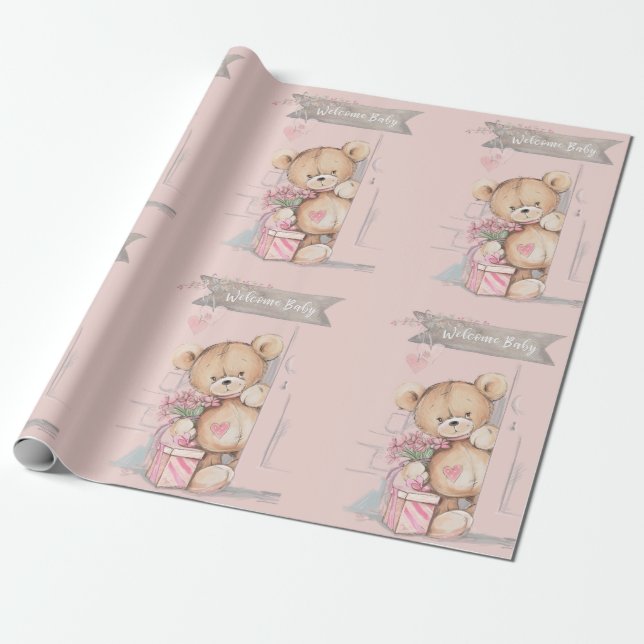 Papel De Regalo Adorable acuarela Teddy Bear Bienvenida Bebé (Desenrollado)